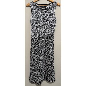 100% Silk Boho Alfani Midi Dress Size 6 Lined Floral Tropical A-Line Black Print
